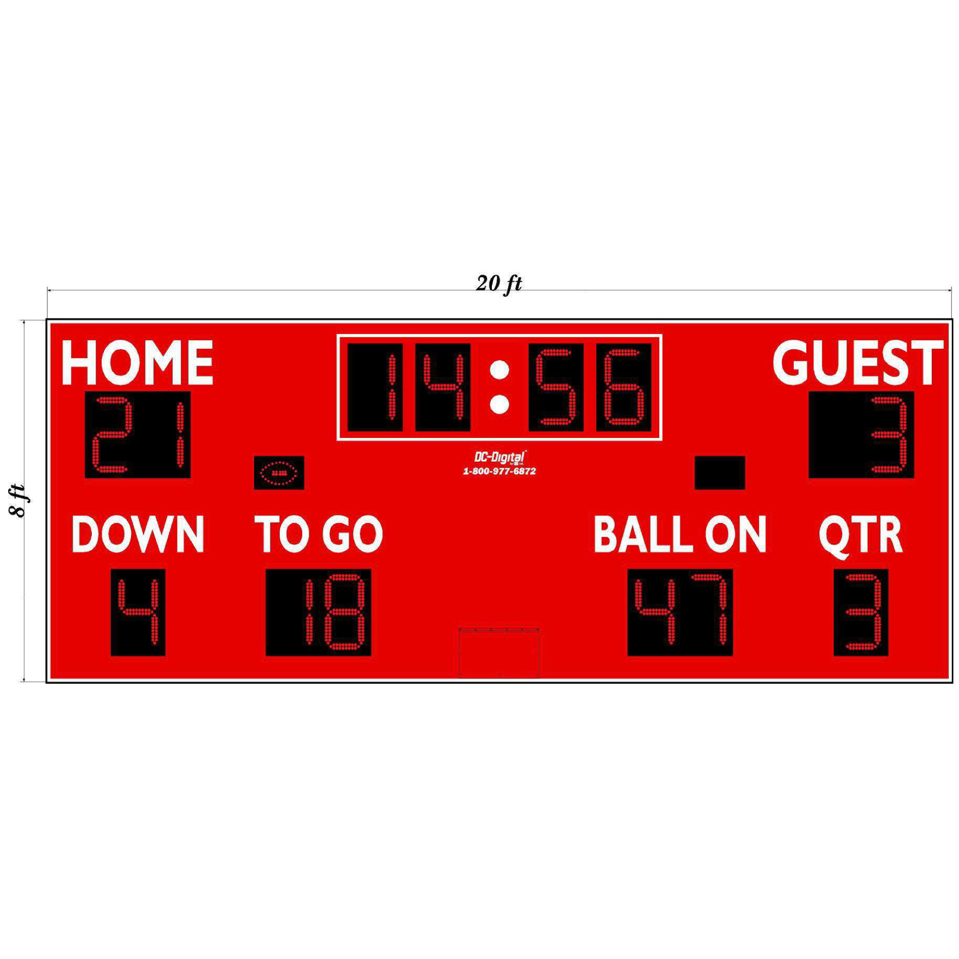 (DC-200-FTBL-20x8) Football-Soccer-Lacrosse LED Wireless Controlled Scoreboard